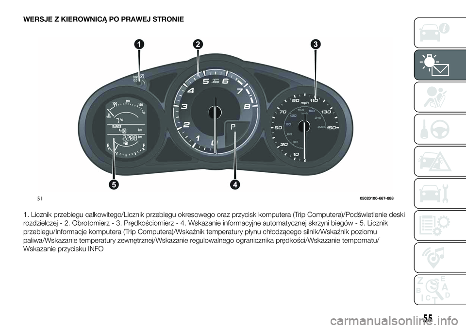 FIAT 124 SPIDER 2019 Instrukcja obsługi (in Polish) WERSJE Z KIEROWNICĄ PO PRAWEJ STRONIE
1. Licznik przebiegu całkowitego/Licznik przebiegu okresowego oraz przycisk komputera (Trip Computera)/Podświetlenie deski
rozdzielczej - 2. Obrotomierz - 3. P FIAT 124 SPIDER 2019 Instrukcja obsługi (in Polish) WERSJE Z KIEROWNICĄ PO PRAWEJ STRONIE
1. Licznik przebiegu całkowitego/Licznik przebiegu okresowego oraz przycisk komputera (Trip Computera)/Podświetlenie deski
rozdzielczej - 2. Obrotomierz - 3. P