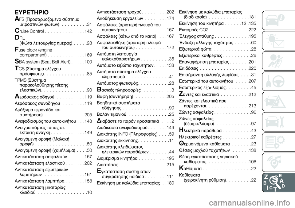FIAT 124 SPIDER 2020  ΒΙΒΛΙΟ ΧΡΗΣΗΣ ΚΑΙ ΣΥΝΤΗΡΗΣΗΣ (in Greek) EYPETHPIO
AFS (Προσαρμοζόμενο σύστημα
μπροστινών φώτων) .........31
Cruise Control..............142
DRL
(Φώτα λειτουργίας ημέρας).....28
Fuse b
