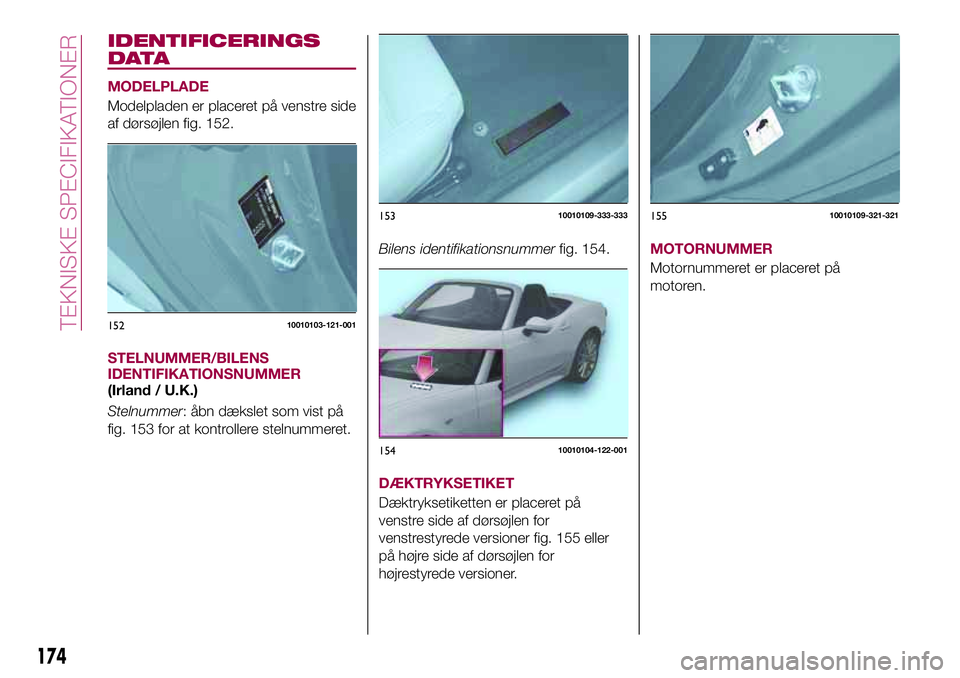 FIAT 124 SPIDER 2018  Brugs- og vedligeholdelsesvejledning (in Danish) IDENTIFICERINGS
DATA
MODELPLADE
Modelpladen er placeret på venstre side
af dørsøjlen fig. 152.
STELNUMMER/BILENS
IDENTIFIKATIONSNUMMER
(Irland / U.K.)
Stelnummer: åbn dækslet som vist på
fig. 15