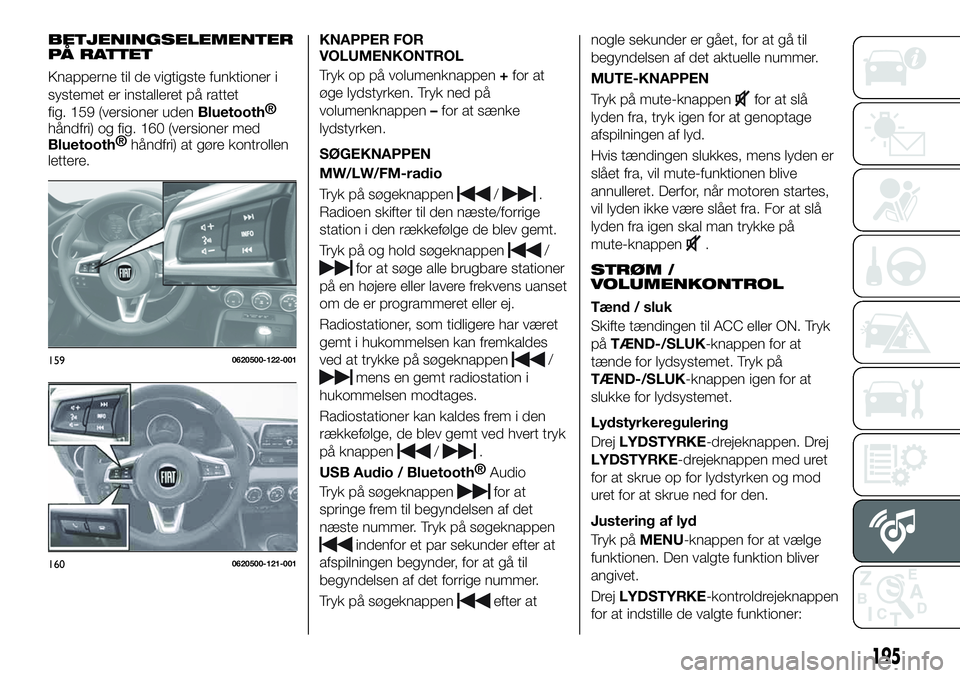 FIAT 124 SPIDER 2021 Brugs- og vedligeholdelsesvejledning (in Danish) BETJENINGSELEMENTER
PÅ RATTET
Knapperne til de vigtigste funktioner i
systemet er installeret på rattet
fig. 159 (versioner uden
Bluetooth®
håndfri) og fig. 160 (versioner med
Bluetooth®
håndfri FIAT 124 SPIDER 2021 Brugs- og vedligeholdelsesvejledning (in Danish) BETJENINGSELEMENTER
PÅ RATTET
Knapperne til de vigtigste funktioner i
systemet er installeret på rattet
fig. 159 (versioner uden
Bluetooth®
håndfri) og fig. 160 (versioner med
Bluetooth®
håndfri