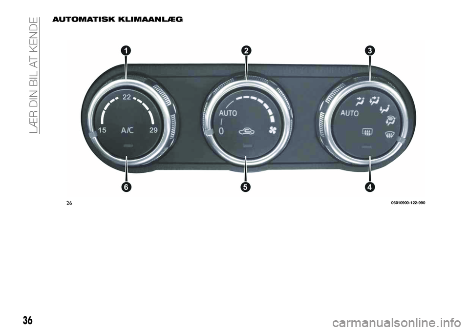 FIAT 124 SPIDER 2019  Brugs- og vedligeholdelsesvejledning (in Danish) AUTOMATISK KLIMAANLÆG
2606010900-122-990
36
LÆR DIN BIL AT KENDE 