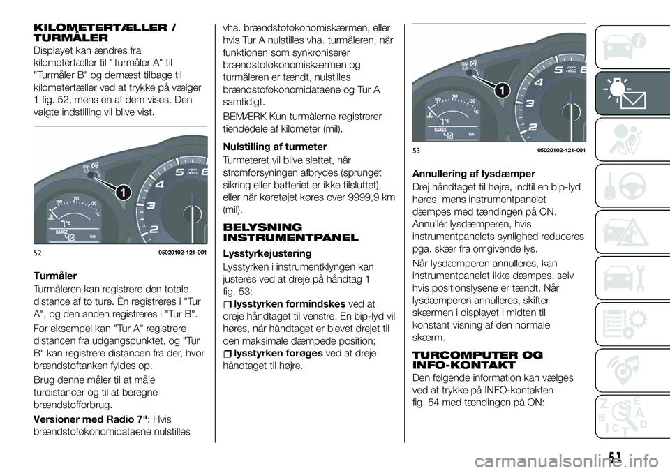 FIAT 124 SPIDER 2021 Brugs- og vedligeholdelsesvejledning (in Danish) KILOMETERTÆLLER /
TURMÅLER
Displayet kan ændres fra
kilometertæller til "Turmåler A" til
"Turmåler B" og dernæst tilbage til
kilometertæller ved at trykke på vælger
1 fig. 52 FIAT 124 SPIDER 2021 Brugs- og vedligeholdelsesvejledning (in Danish) KILOMETERTÆLLER /
TURMÅLER
Displayet kan ændres fra
kilometertæller til "Turmåler A" til
"Turmåler B" og dernæst tilbage til
kilometertæller ved at trykke på vælger
1 fig. 52