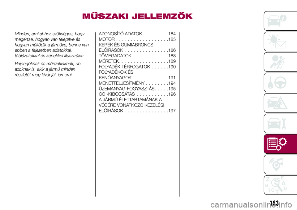 FIAT 124 SPIDER 2018  Kezelési és karbantartási útmutató (in Hungarian) MŰSZAKI JELLEMZŐK
Minden, ami ahhoz szükséges, hogy
megértse, hogyan van felépítve és
hogyan működik a járműve, benne van
ebben a fejezetben adatokkal,
táblázatokkal és képekkel illusz