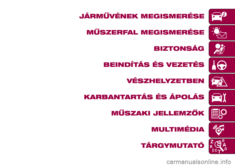 FIAT 124 SPIDER 2018 Kezelési és karbantartási útmutató (in Hungarian) JÁRMŰVÉNEK MEGISMERÉSE
MŰSZERFAL MEGISMERÉSE
BIZTONSÁG
BEINDÍTÁS ÉS VEZETÉS
VÉSZHELYZETBEN
KARBANTARTÁS ÉS ÁPOLÁS
MŰSZAKI JELLEMZŐK
MULTIMÉDIA
TÁRGYMUTATÓ FIAT 124 SPIDER 2018 Kezelési és karbantartási útmutató (in Hungarian) JÁRMŰVÉNEK MEGISMERÉSE
MŰSZERFAL MEGISMERÉSE
BIZTONSÁG
BEINDÍTÁS ÉS VEZETÉS
VÉSZHELYZETBEN
KARBANTARTÁS ÉS ÁPOLÁS
MŰSZAKI JELLEMZŐK
MULTIMÉDIA
TÁRGYMUTATÓ