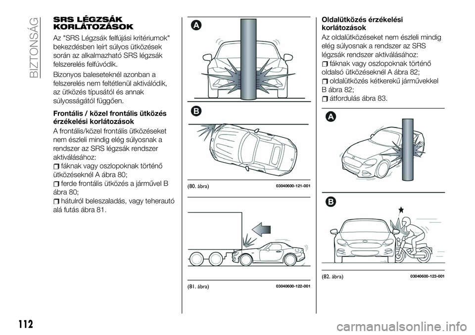 FIAT 124 SPIDER 2020 Kezelési és karbantartási útmutató (in Hungarian) SRS LÉGZSÁK
KORLÁTOZÁSOK
Az "SRS Légzsák felfújási kritériumok"
bekezdésben leírt súlyos ütközések
során az alkalmazható SRS légzsák
felszerelés felfúvódik.
Bizonyos bale FIAT 124 SPIDER 2020 Kezelési és karbantartási útmutató (in Hungarian) SRS LÉGZSÁK
KORLÁTOZÁSOK
Az "SRS Légzsák felfújási kritériumok"
bekezdésben leírt súlyos ütközések
során az alkalmazható SRS légzsák
felszerelés felfúvódik.
Bizonyos bale