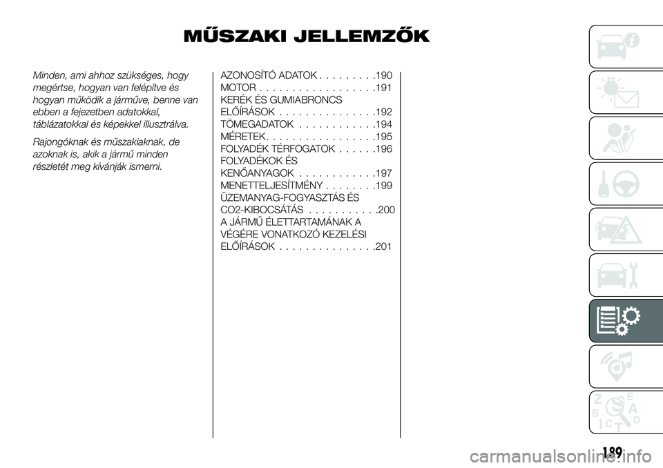 FIAT 124 SPIDER 2021 Kezelési és karbantartási útmutató (in Hungarian) MŰSZAKI JELLEMZŐK
Minden, ami ahhoz szükséges, hogy
megértse, hogyan van felépítve és
hogyan működik a járműve, benne van
ebben a fejezetben adatokkal,
táblázatokkal és képekkel illusz FIAT 124 SPIDER 2021 Kezelési és karbantartási útmutató (in Hungarian) MŰSZAKI JELLEMZŐK
Minden, ami ahhoz szükséges, hogy
megértse, hogyan van felépítve és
hogyan működik a járműve, benne van
ebben a fejezetben adatokkal,
táblázatokkal és képekkel illusz