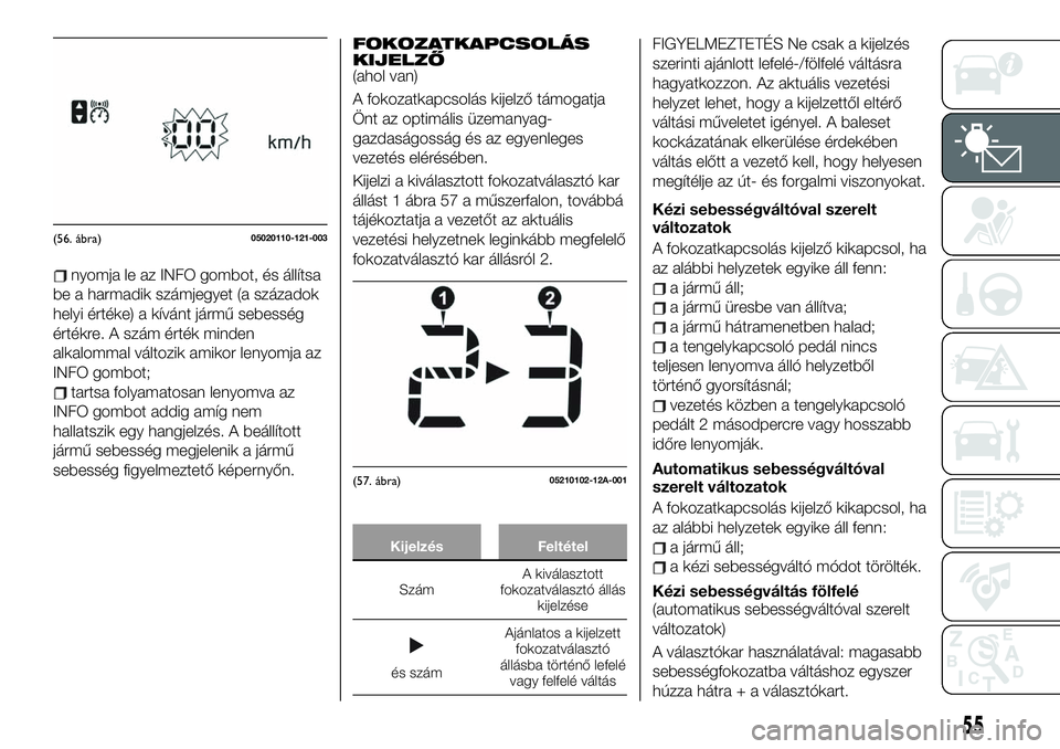 FIAT 124 SPIDER 2020 Kezelési és karbantartási útmutató (in Hungarian) nyomja le az INFO gombot, és állítsa
be a harmadik számjegyet (a századok
helyi értéke) a kívánt jármű sebesség
értékre. A szám érték minden
alkalommal változik amikor lenyomja az
IN FIAT 124 SPIDER 2020 Kezelési és karbantartási útmutató (in Hungarian) nyomja le az INFO gombot, és állítsa
be a harmadik számjegyet (a századok
helyi értéke) a kívánt jármű sebesség
értékre. A szám érték minden
alkalommal változik amikor lenyomja az
IN