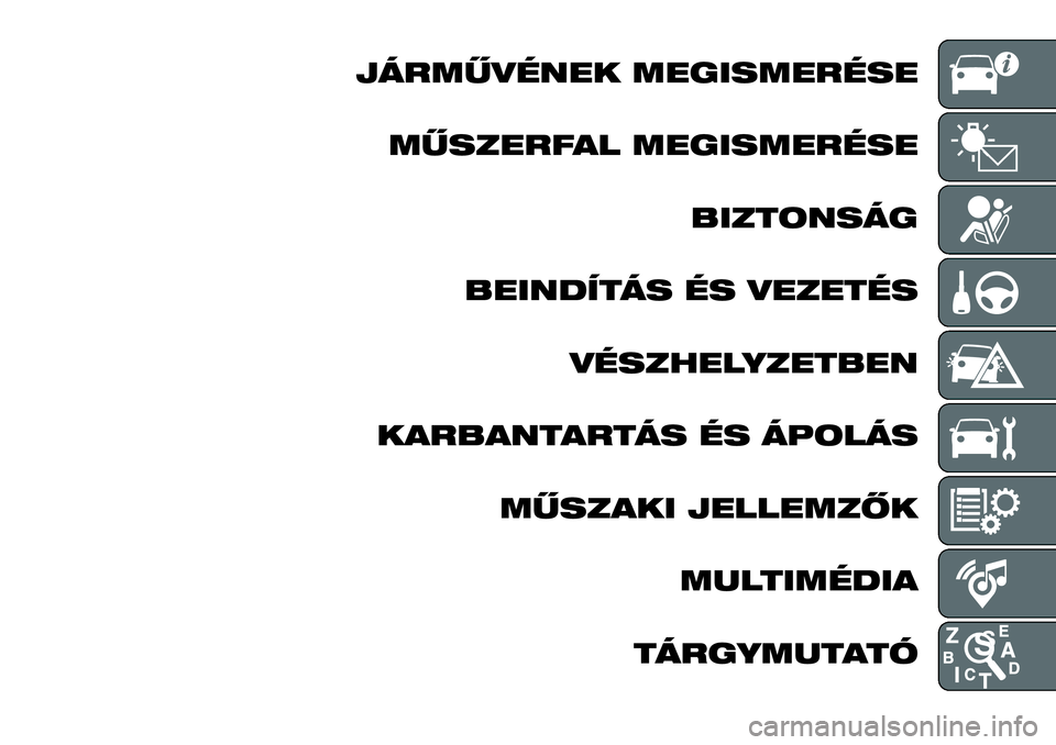 FIAT 124 SPIDER 2021 Kezelési és karbantartási útmutató (in Hungarian) JÁRMŰVÉNEK MEGISMERÉSE
MŰSZERFAL MEGISMERÉSE
BIZTONSÁG
BEINDÍTÁS ÉS VEZETÉS
VÉSZHELYZETBEN
KARBANTARTÁS ÉS ÁPOLÁS
MŰSZAKI JELLEMZŐK
MULTIMÉDIA
TÁRGYMUTATÓ FIAT 124 SPIDER 2021 Kezelési és karbantartási útmutató (in Hungarian) JÁRMŰVÉNEK MEGISMERÉSE
MŰSZERFAL MEGISMERÉSE
BIZTONSÁG
BEINDÍTÁS ÉS VEZETÉS
VÉSZHELYZETBEN
KARBANTARTÁS ÉS ÁPOLÁS
MŰSZAKI JELLEMZŐK
MULTIMÉDIA
TÁRGYMUTATÓ