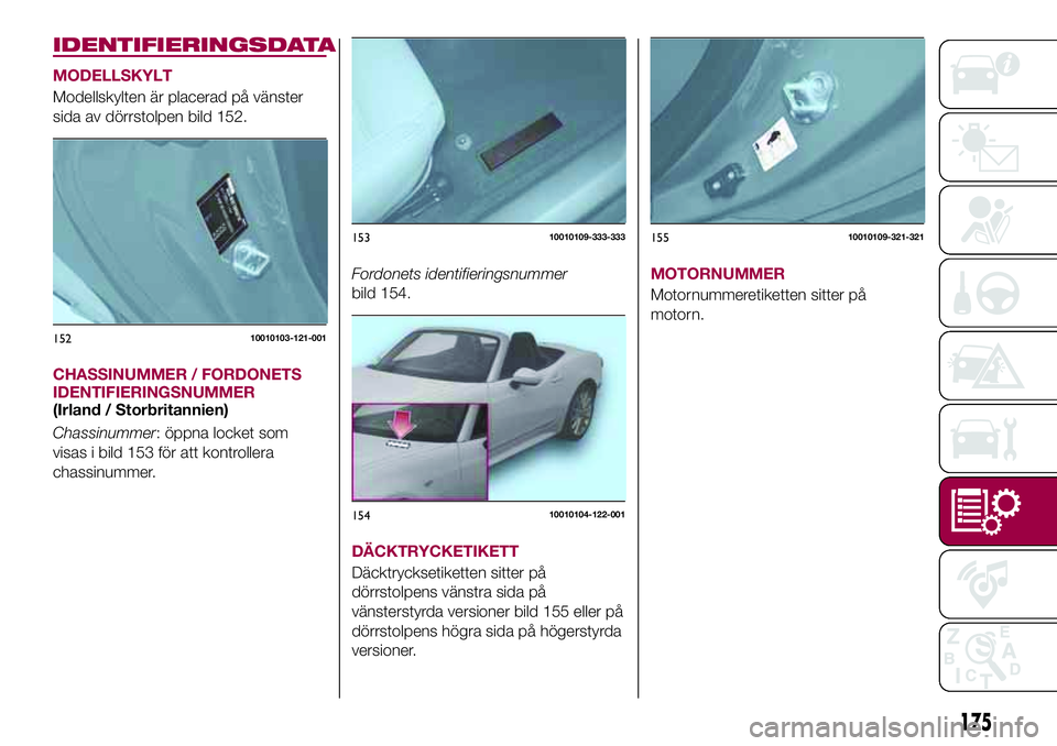 FIAT 124 SPIDER 2018  Drift- och underhållshandbok (in Swedish) IDENTIFIERINGSDATA
MODELLSKYLT
Modellskylten är placerad på vänster
sida av dörrstolpen bild 152.
CHASSINUMMER / FORDONETS
IDENTIFIERINGSNUMMER
(Irland / Storbritannien)
Chassinummer: öppna locke