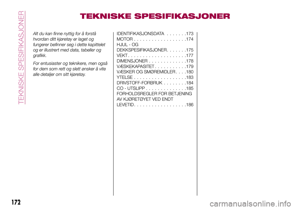 FIAT 124 SPIDER 2018 Drift- og vedlikeholdshåndbok (in Norwegian) TEKNISKE SPESIFIKASJONER
Alt du kan finne nyttig for å forstå
hvordan ditt kjøretøy er laget og
fungerer befinner seg i dette kapittelet
og er illustrert med data, tabeller og
grafikk.
For entusia FIAT 124 SPIDER 2018 Drift- og vedlikeholdshåndbok (in Norwegian) TEKNISKE SPESIFIKASJONER
Alt du kan finne nyttig for å forstå
hvordan ditt kjøretøy er laget og
fungerer befinner seg i dette kapittelet
og er illustrert med data, tabeller og
grafikk.
For entusia