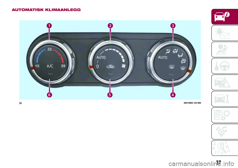 FIAT 124 SPIDER 2018  Drift- og vedlikeholdshåndbok (in Norwegian) AUTOMATISK KLIMAANLEGG
2606010900-122-990
37 