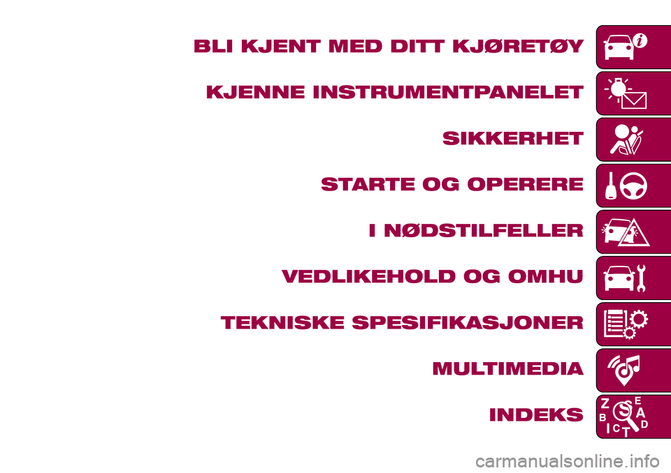 FIAT 124 SPIDER 2018  Drift- og vedlikeholdshåndbok (in Norwegian) BLI KJENT MED DITT KJØRETØY
KJENNE INSTRUMENTPANELET
SIKKERHET
STARTE OG OPERERE
I NØDSTILFELLER
VEDLIKEHOLD OG OMHU
TEKNISKE SPESIFIKASJONER
MULTIMEDIA
INDEKS 