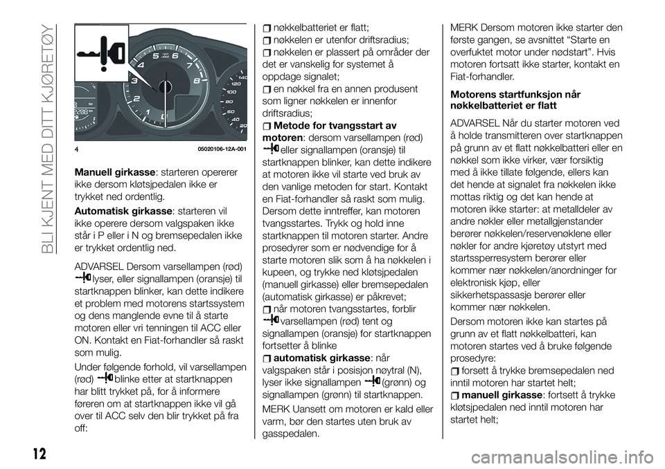FIAT 124 SPIDER 2020 Drift- og vedlikeholdshåndbok (in Norwegian) Manuell girkasse: starteren opererer
ikke dersom kløtsjpedalen ikke er
trykket ned ordentlig.
Automatisk girkasse: starteren vil
ikke operere dersom valgspaken ikke
står i P elleriNogbremsepedalen i FIAT 124 SPIDER 2020 Drift- og vedlikeholdshåndbok (in Norwegian) Manuell girkasse: starteren opererer
ikke dersom kløtsjpedalen ikke er
trykket ned ordentlig.
Automatisk girkasse: starteren vil
ikke operere dersom valgspaken ikke
står i P elleriNogbremsepedalen i