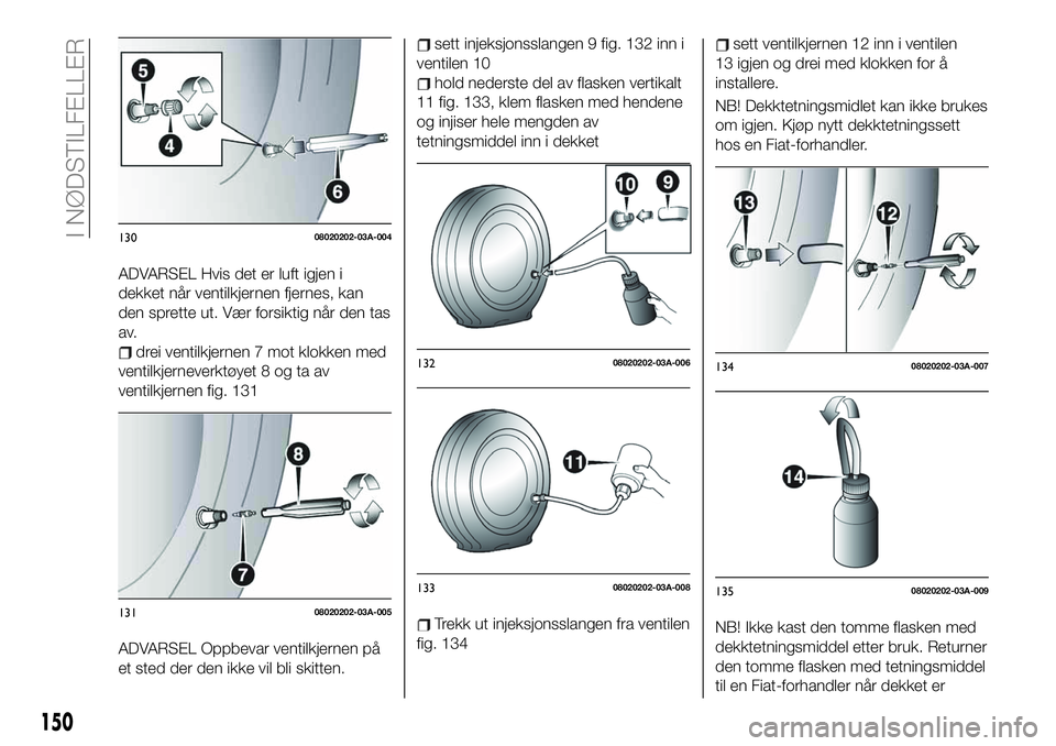FIAT 124 SPIDER 2020 Drift- og vedlikeholdshåndbok (in Norwegian) ADVARSEL Hvis det er luft igjen i
dekket når ventilkjernen fjernes, kan
den sprette ut. Vær forsiktig når den tas
av.
drei ventilkjernen 7 mot klokken med
ventilkjerneverktøyet 8 og ta av
ventilkj FIAT 124 SPIDER 2020 Drift- og vedlikeholdshåndbok (in Norwegian) ADVARSEL Hvis det er luft igjen i
dekket når ventilkjernen fjernes, kan
den sprette ut. Vær forsiktig når den tas
av.
drei ventilkjernen 7 mot klokken med
ventilkjerneverktøyet 8 og ta av
ventilkj