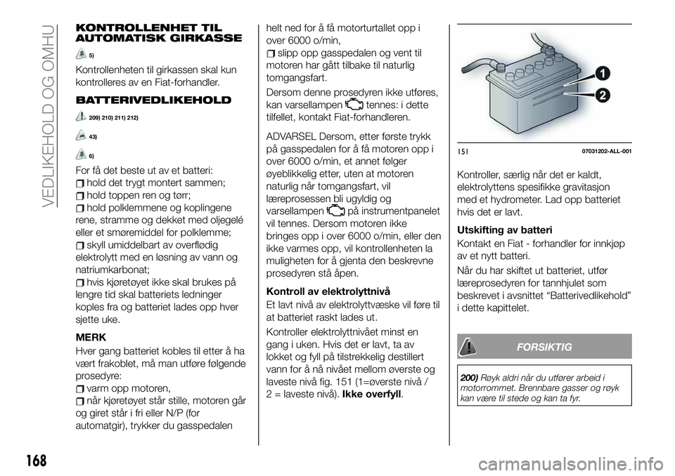 FIAT 124 SPIDER 2020 Drift- og vedlikeholdshåndbok (in Norwegian) KONTROLLENHET TIL
AUTOMATISK GIRKASSE
5)
Kontrollenheten til girkassen skal kun
kontrolleres av en Fiat-forhandler.
BATTERIVEDLIKEHOLD
209) 210) 211) 212)
43)
6)
For få det beste ut av et batteri:
ho FIAT 124 SPIDER 2020 Drift- og vedlikeholdshåndbok (in Norwegian) KONTROLLENHET TIL
AUTOMATISK GIRKASSE
5)
Kontrollenheten til girkassen skal kun
kontrolleres av en Fiat-forhandler.
BATTERIVEDLIKEHOLD
209) 210) 211) 212)
43)
6)
For få det beste ut av et batteri:
ho