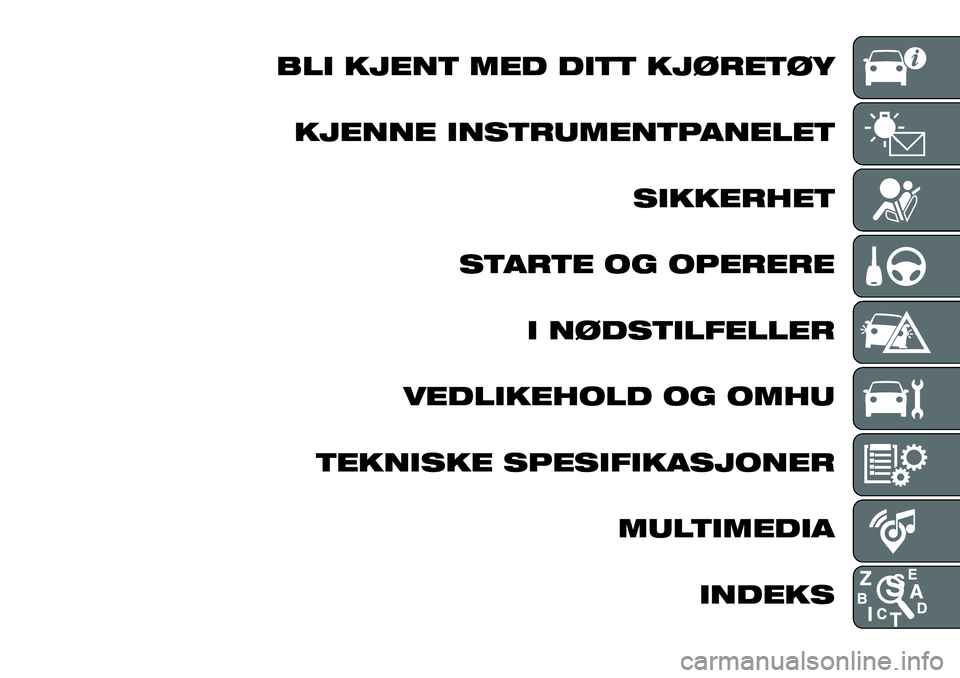 FIAT 124 SPIDER 2019  Drift- og vedlikeholdshåndbok (in Norwegian) BLI KJENT MED DITT KJØRETØY
KJENNE INSTRUMENTPANELET
SIKKERHET
STARTE OG OPERERE
I NØDSTILFELLER
VEDLIKEHOLD OG OMHU
TEKNISKE SPESIFIKASJONER
MULTIMEDIA
INDEKS 