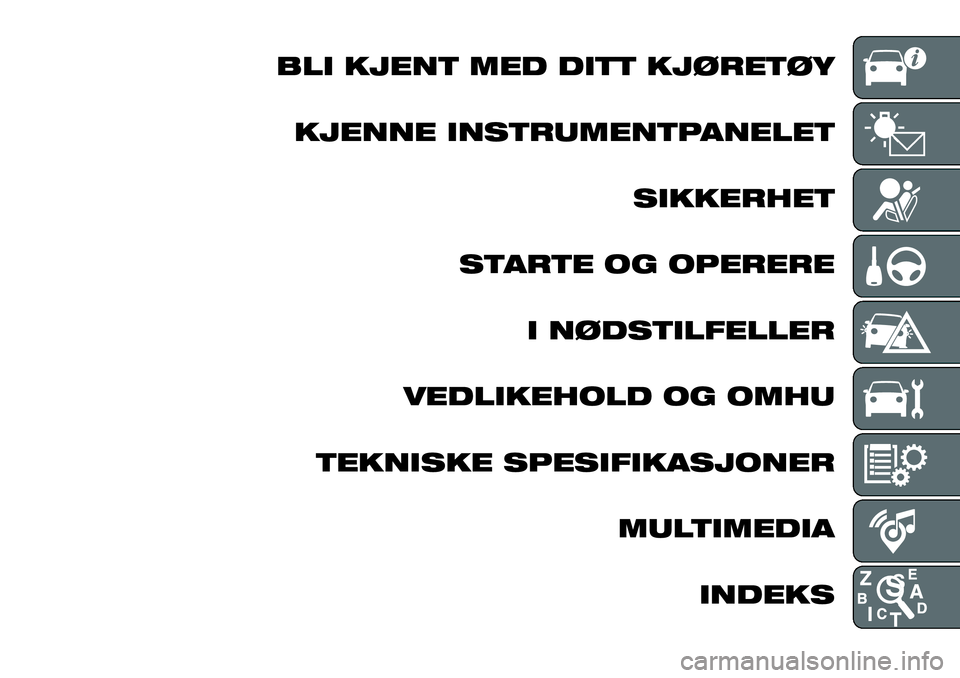 FIAT 124 SPIDER 2020 Drift- og vedlikeholdshåndbok (in Norwegian) BLI KJENT MED DITT KJØRETØY
KJENNE INSTRUMENTPANELET
SIKKERHET
STARTE OG OPERERE
I NØDSTILFELLER
VEDLIKEHOLD OG OMHU
TEKNISKE SPESIFIKASJONER
MULTIMEDIA
INDEKS FIAT 124 SPIDER 2020 Drift- og vedlikeholdshåndbok (in Norwegian) BLI KJENT MED DITT KJØRETØY
KJENNE INSTRUMENTPANELET
SIKKERHET
STARTE OG OPERERE
I NØDSTILFELLER
VEDLIKEHOLD OG OMHU
TEKNISKE SPESIFIKASJONER
MULTIMEDIA
INDEKS