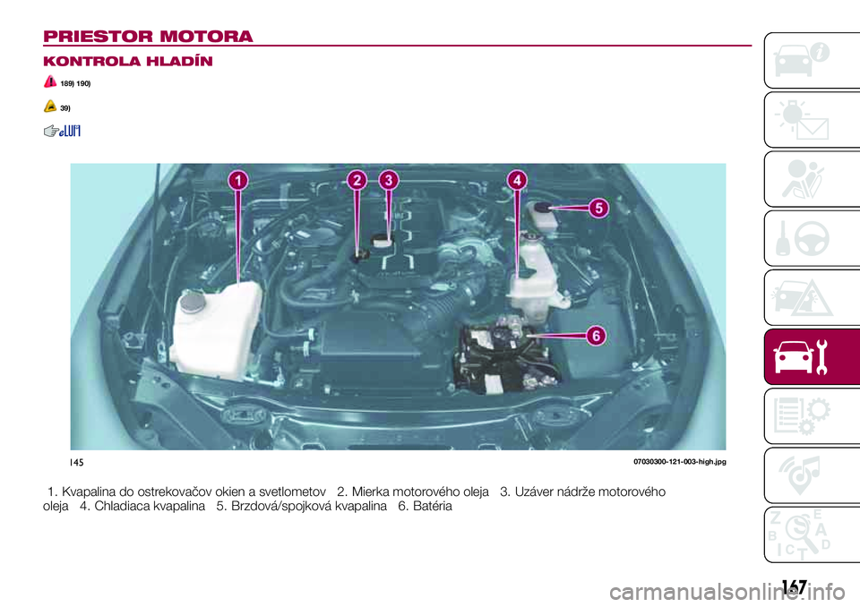 FIAT 124 SPIDER 2018 Návod na použitie a údržbu (in Slovakian) PRIESTOR MOTORA
KONTROLA HLADÍN
189) 190)
39)
1. Kvapalina do ostrekovačov okien a svetlometov 2. Mierka motorového oleja 3. Uzáver nádrže motorového
oleja 4. Chladiaca kvapalina 5. Brzdová/sp FIAT 124 SPIDER 2018 Návod na použitie a údržbu (in Slovakian) PRIESTOR MOTORA
KONTROLA HLADÍN
189) 190)
39)
1. Kvapalina do ostrekovačov okien a svetlometov 2. Mierka motorového oleja 3. Uzáver nádrže motorového
oleja 4. Chladiaca kvapalina 5. Brzdová/sp