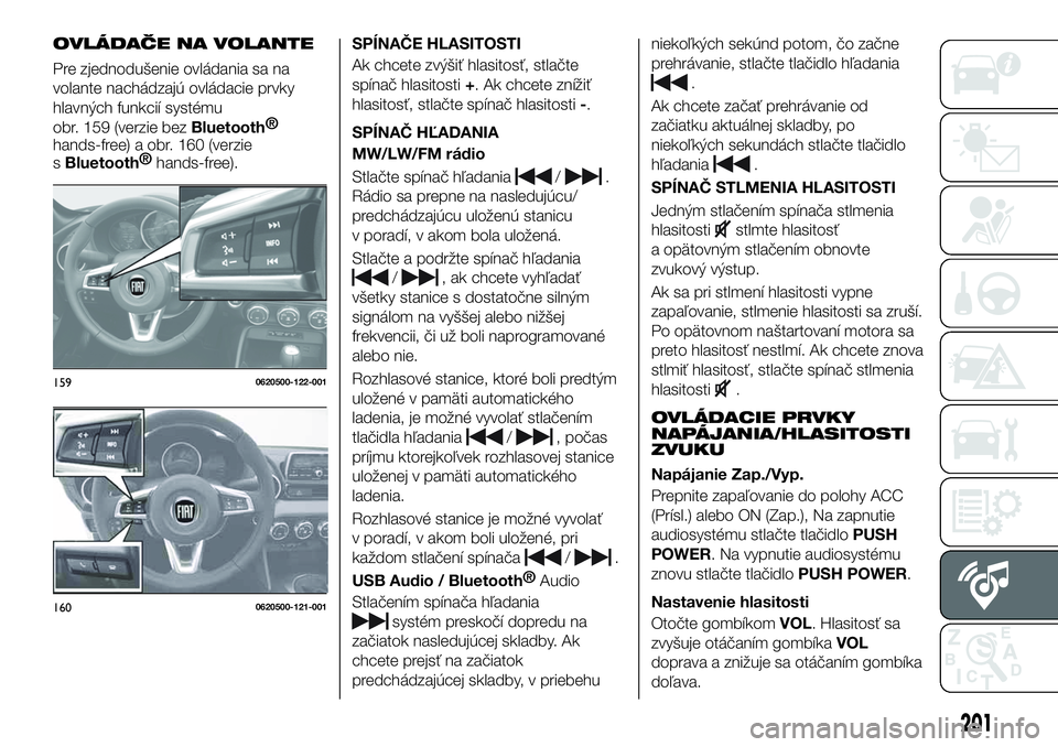 FIAT 124 SPIDER 2019  Návod na použitie a údržbu (in Slovakian) OVLÁDAČE NA VOLANTE
Pre zjednodušenie ovládania sa na
volante nachádzajú ovládacie prvky
hlavných funkcií systému
obr. 159 (verzie bez
Bluetooth®
hands-free) a obr. 160 (verzie
s
Bluetooth