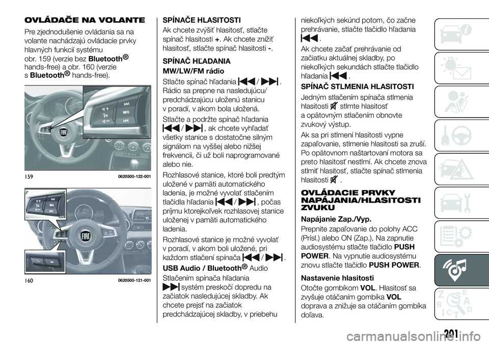 FIAT 124 SPIDER 2021  Návod na použitie a údržbu (in Slovakian) OVLÁDAČE NA VOLANTE
Pre zjednodušenie ovládania sa na
volante nachádzajú ovládacie prvky
hlavných funkcií systému
obr. 159 (verzie bez
Bluetooth®
hands-free) a obr. 160 (verzie
s
Bluetooth�