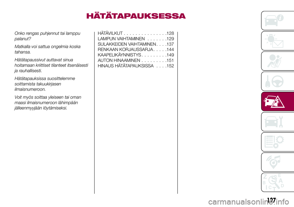 FIAT 124 SPIDER 2018 Käyttö- ja huolto-ohjekirja (in in Finnish) HÄTÄTAPAUKSESSA
Onko rengas puhjennut tai lamppu
palanut?
Matkalla voi sattua ongelmia koska
tahansa.
Hätätapaussivut auttavat sinua
hoitamaan kriittiset tilanteet itsenäisesti
ja rauhallisesti.
FIAT 124 SPIDER 2018 Käyttö- ja huolto-ohjekirja (in in Finnish) HÄTÄTAPAUKSESSA
Onko rengas puhjennut tai lamppu
palanut?
Matkalla voi sattua ongelmia koska
tahansa.
Hätätapaussivut auttavat sinua
hoitamaan kriittiset tilanteet itsenäisesti
ja rauhallisesti.