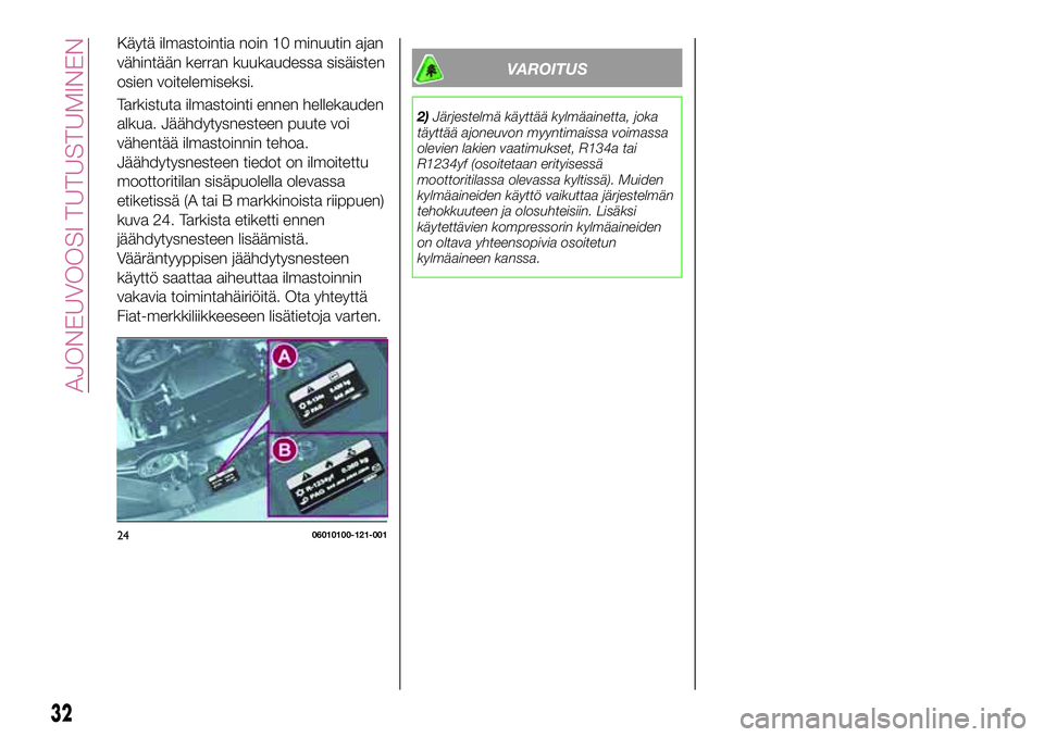 FIAT 124 SPIDER 2018 Käyttö- ja huolto-ohjekirja (in in Finnish) Käytä ilmastointia noin 10 minuutin ajan
vähintään kerran kuukaudessa sisäisten
osien voitelemiseksi.
Tarkistuta ilmastointi ennen hellekauden
alkua. Jäähdytysnesteen puute voi
vähentää ilm FIAT 124 SPIDER 2018 Käyttö- ja huolto-ohjekirja (in in Finnish) Käytä ilmastointia noin 10 minuutin ajan
vähintään kerran kuukaudessa sisäisten
osien voitelemiseksi.
Tarkistuta ilmastointi ennen hellekauden
alkua. Jäähdytysnesteen puute voi
vähentää ilm