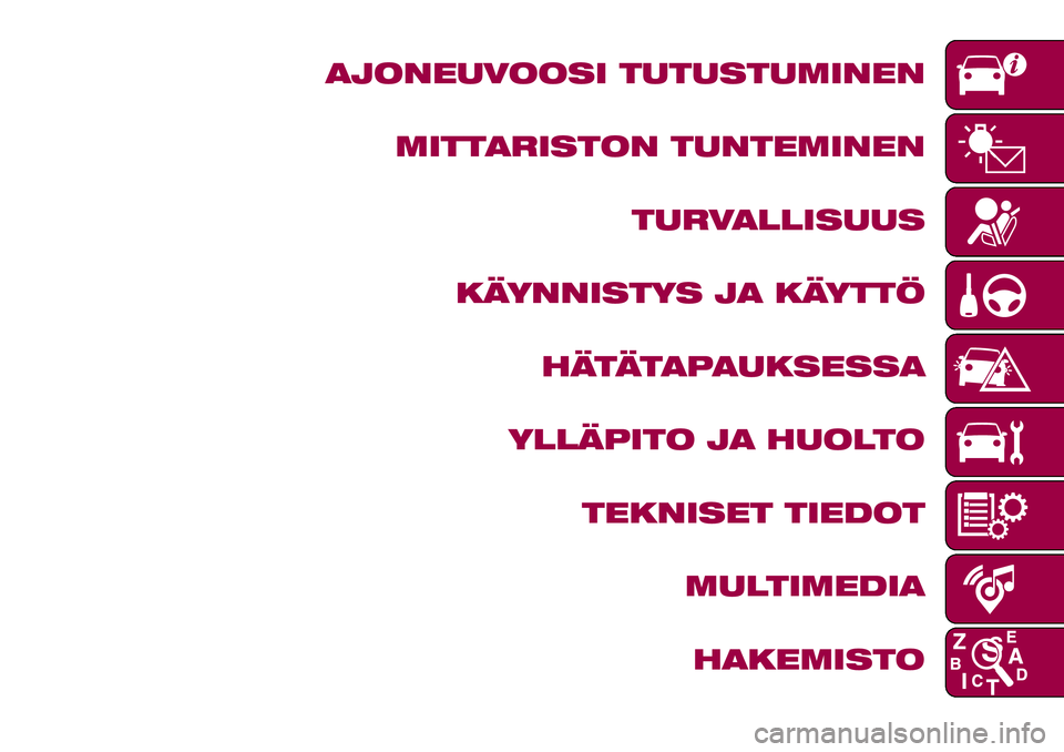 FIAT 124 SPIDER 2018  Käyttö- ja huolto-ohjekirja (in in Finnish) AJONEUVOOSI TUTUSTUMINEN
MITTARISTON TUNTEMINEN
TURVALLISUUS
KÄYNNISTYS JA KÄYTTÖ
HÄTÄTAPAUKSESSA
YLLÄPITO JA HUOLTO
TEKNISET TIEDOT
MULTIMEDIA
HAKEMISTO 