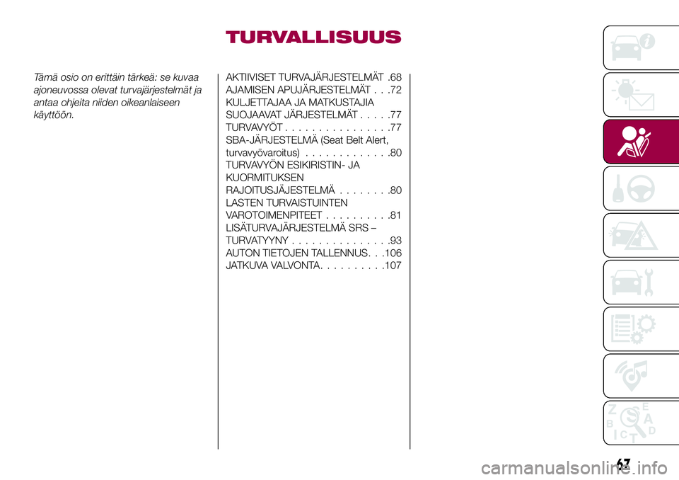 FIAT 124 SPIDER 2018 Käyttö- ja huolto-ohjekirja (in in Finnish) TURVALLISUUS
Tämä osio on erittäin tärkeä: se kuvaa
ajoneuvossa olevat turvajärjestelmät ja
antaa ohjeita niiden oikeanlaiseen
käyttöön.AKTIIVISET TURVAJÄRJESTELMÄT .68
AJAMISEN APUJÄRJES FIAT 124 SPIDER 2018 Käyttö- ja huolto-ohjekirja (in in Finnish) TURVALLISUUS
Tämä osio on erittäin tärkeä: se kuvaa
ajoneuvossa olevat turvajärjestelmät ja
antaa ohjeita niiden oikeanlaiseen
käyttöön.AKTIIVISET TURVAJÄRJESTELMÄT .68
AJAMISEN APUJÄRJES