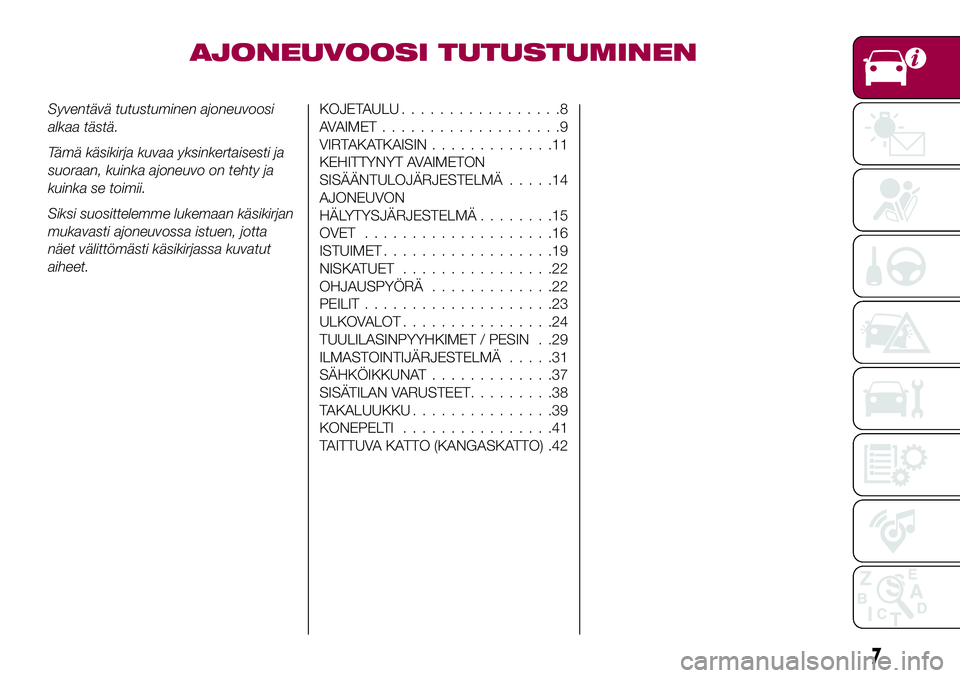 FIAT 124 SPIDER 2018  Käyttö- ja huolto-ohjekirja (in in Finnish) AJONEUVOOSI TUTUSTUMINEN
Syventävä tutustuminen ajoneuvoosi
alkaa tästä.
Tämä käsikirja kuvaa yksinkertaisesti ja
suoraan, kuinka ajoneuvo on tehty ja
kuinka se toimii.
Siksi suosittelemme luke