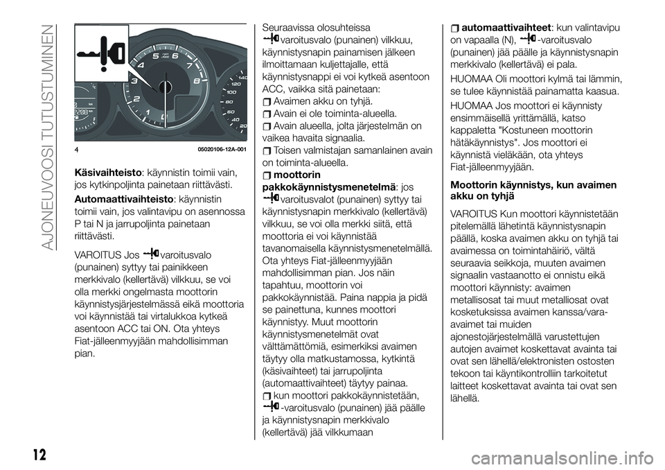 FIAT 124 SPIDER 2020 Käyttö- ja huolto-ohjekirja (in in Finnish) Käsivaihteisto: käynnistin toimii vain,
jos kytkinpoljinta painetaan riittävästi.
Automaattivaihteisto: käynnistin
toimii vain, jos valintavipu on asennossa
P tai N ja jarrupoljinta painetaan
rii FIAT 124 SPIDER 2020 Käyttö- ja huolto-ohjekirja (in in Finnish) Käsivaihteisto: käynnistin toimii vain,
jos kytkinpoljinta painetaan riittävästi.
Automaattivaihteisto: käynnistin
toimii vain, jos valintavipu on asennossa
P tai N ja jarrupoljinta painetaan
rii