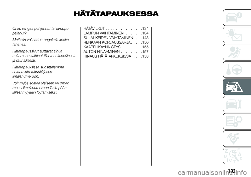 FIAT 124 SPIDER 2020  Käyttö- ja huolto-ohjekirja (in in Finnish) HÄTÄTAPAUKSESSA
Onko rengas puhjennut tai lamppu
palanut?
Matkalla voi sattua ongelmia koska
tahansa.
Hätätapaussivut auttavat sinua
hoitamaan kriittiset tilanteet itsenäisesti
ja rauhallisesti.
