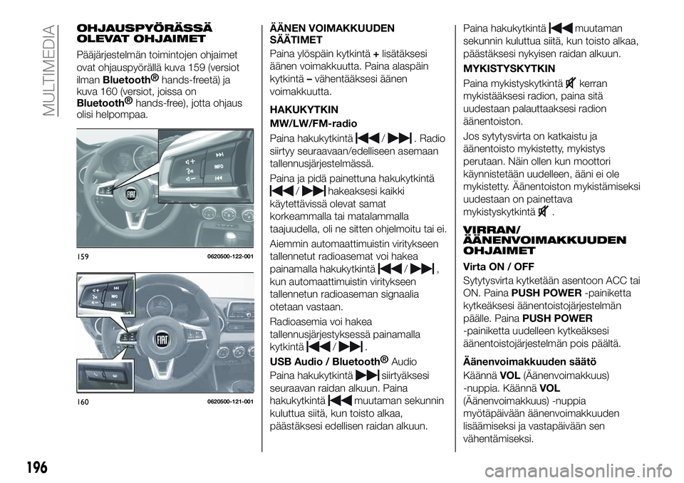 FIAT 124 SPIDER 2021  Käyttö- ja huolto-ohjekirja (in in Finnish) OHJAUSPYÖRÄSSÄ
OLEVAT OHJAIMET
Pääjärjestelmän toimintojen ohjaimet
ovat ohjauspyörällä kuva 159 (versiot
ilman
Bluetooth®
hands-freetä) ja
kuva 160 (versiot, joissa on
Bluetooth®
hands-f