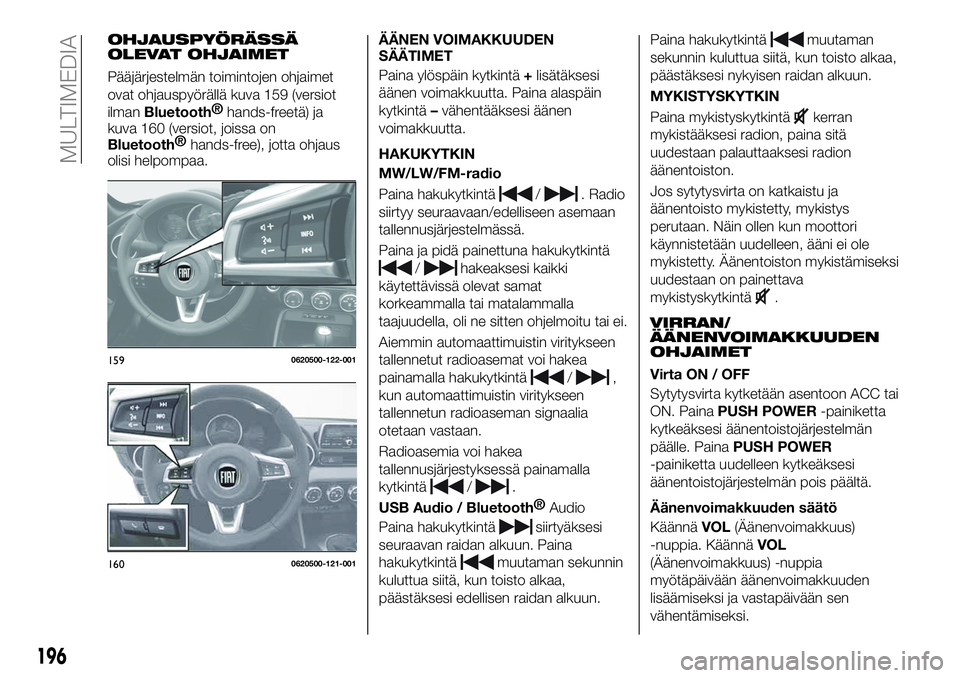 FIAT 124 SPIDER 2020 Käyttö- ja huolto-ohjekirja (in in Finnish) OHJAUSPYÖRÄSSÄ
OLEVAT OHJAIMET
Pääjärjestelmän toimintojen ohjaimet
ovat ohjauspyörällä kuva 159 (versiot
ilman
Bluetooth®
hands-freetä) ja
kuva 160 (versiot, joissa on
Bluetooth®
hands-f FIAT 124 SPIDER 2020 Käyttö- ja huolto-ohjekirja (in in Finnish) OHJAUSPYÖRÄSSÄ
OLEVAT OHJAIMET
Pääjärjestelmän toimintojen ohjaimet
ovat ohjauspyörällä kuva 159 (versiot
ilman
Bluetooth®
hands-freetä) ja
kuva 160 (versiot, joissa on
Bluetooth®
hands-f