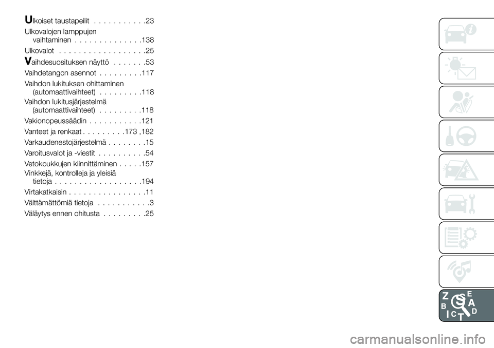 FIAT 124 SPIDER 2020  Käyttö- ja huolto-ohjekirja (in in Finnish) Ulkoiset taustapeilit...........23
Ulkovalojen lamppujen
vaihtaminen..............138
Ulkovalot..................25
Vaihdesuosituksen näyttö.......53
Vaihdetangon asennot.........117
Vaihdon lukituk