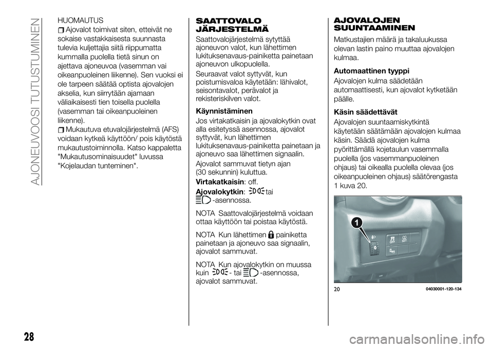 FIAT 124 SPIDER 2020 Käyttö- ja huolto-ohjekirja (in in Finnish) HUOMAUTUS
Ajovalot toimivat siten, etteivät ne
sokaise vastakkaisesta suunnasta
tulevia kuljettajia siitä riippumatta
kummalla puolella tietä sinun on
ajettava ajoneuvoa (vasemman vai
oikeanpuolein FIAT 124 SPIDER 2020 Käyttö- ja huolto-ohjekirja (in in Finnish) HUOMAUTUS
Ajovalot toimivat siten, etteivät ne
sokaise vastakkaisesta suunnasta
tulevia kuljettajia siitä riippumatta
kummalla puolella tietä sinun on
ajettava ajoneuvoa (vasemman vai
oikeanpuolein