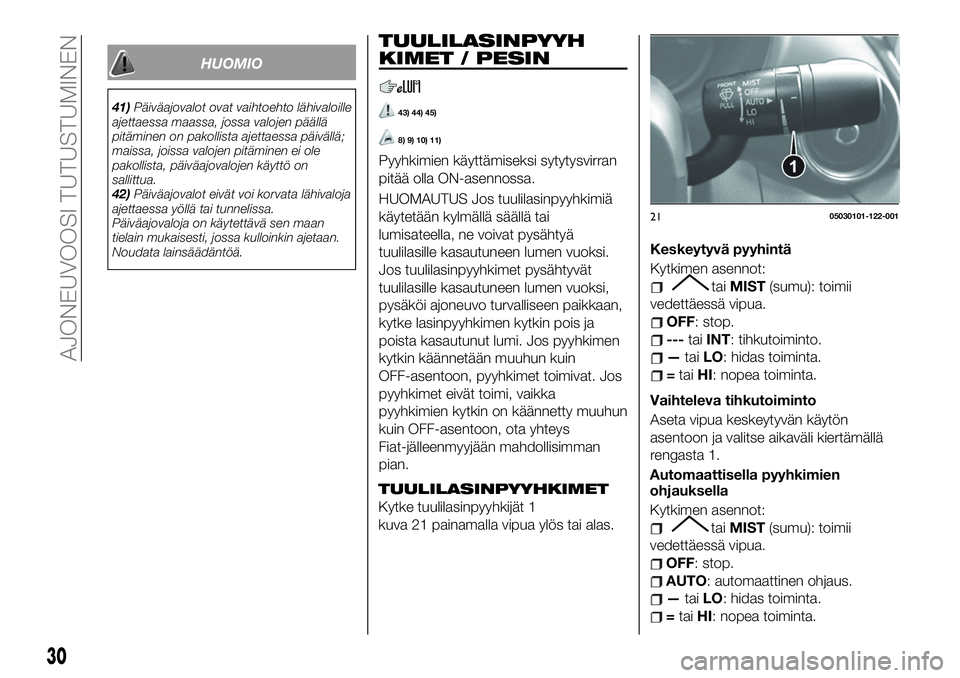 FIAT 124 SPIDER 2021  Käyttö- ja huolto-ohjekirja (in in Finnish) HUOMIO
41)Päiväajovalot ovat vaihtoehto lähivaloille
ajettaessa maassa, jossa valojen päällä
pitäminen on pakollista ajettaessa päivällä;
maissa, joissa valojen pitäminen ei ole
pakollista,