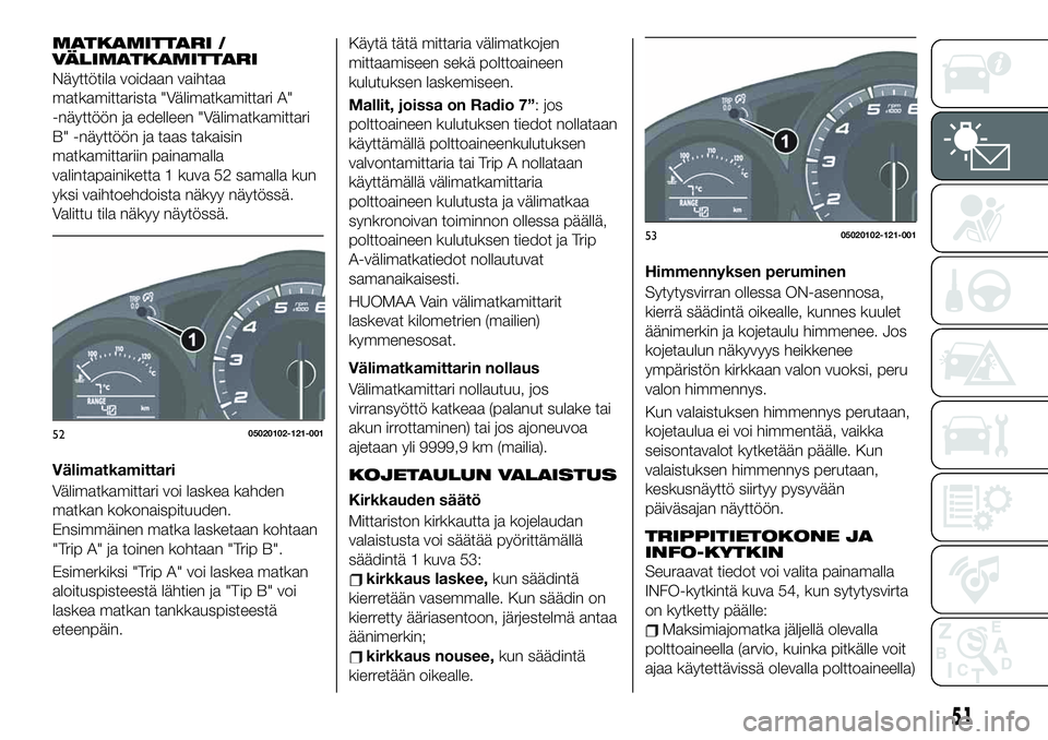 FIAT 124 SPIDER 2020 Käyttö- ja huolto-ohjekirja (in in Finnish) MATKAMITTARI /
VÄLIMATKAMITTARI
Näyttötila voidaan vaihtaa
matkamittarista "Välimatkamittari A"
-näyttöön ja edelleen "Välimatkamittari
B" -näyttöön ja taas takaisin
matkami FIAT 124 SPIDER 2020 Käyttö- ja huolto-ohjekirja (in in Finnish) MATKAMITTARI /
VÄLIMATKAMITTARI
Näyttötila voidaan vaihtaa
matkamittarista "Välimatkamittari A"
-näyttöön ja edelleen "Välimatkamittari
B" -näyttöön ja taas takaisin
matkami