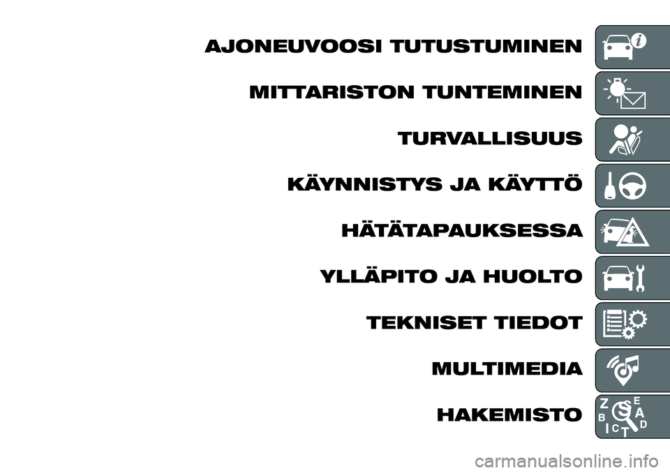 FIAT 124 SPIDER 2019  Käyttö- ja huolto-ohjekirja (in in Finnish) AJONEUVOOSI TUTUSTUMINEN
MITTARISTON TUNTEMINEN
TURVALLISUUS
KÄYNNISTYS JA KÄYTTÖ
HÄTÄTAPAUKSESSA
YLLÄPITO JA HUOLTO
TEKNISET TIEDOT
MULTIMEDIA
HAKEMISTO 