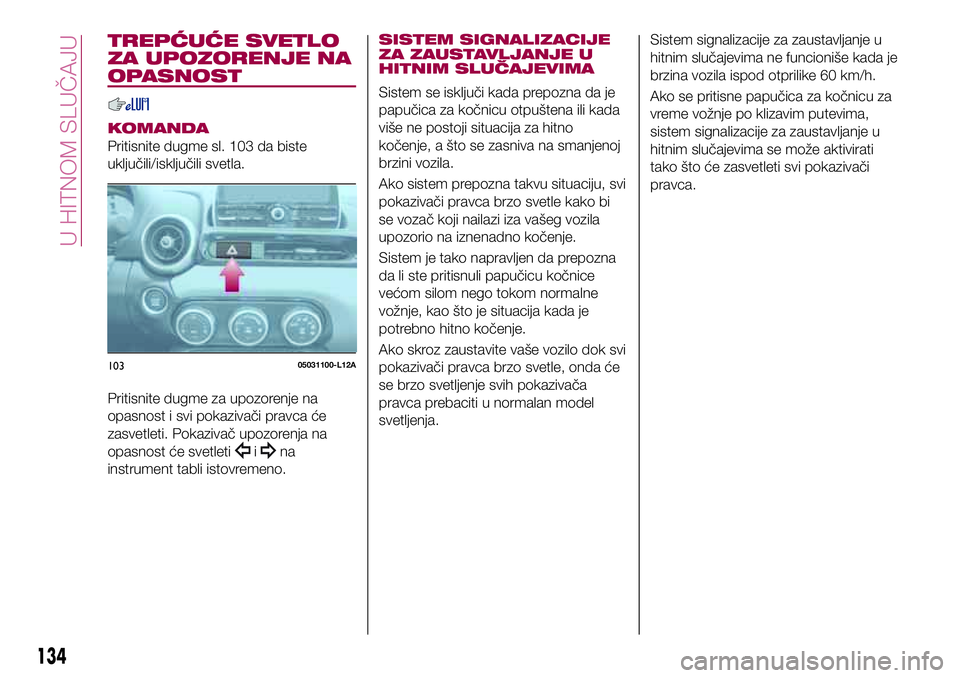 FIAT 124 SPIDER 2018  Knjižica za upotrebu i održavanje (in Serbian) TREPĆUĆE SVETLO
ZA UPOZORENJE NA
OPASNOST
KOMANDA
Pritisnite dugme sl. 103 da biste
uključili/isključili svetla.
Pritisnite dugme za upozorenje na
opasnost i svi pokazivači pravca će
zasvetleti.