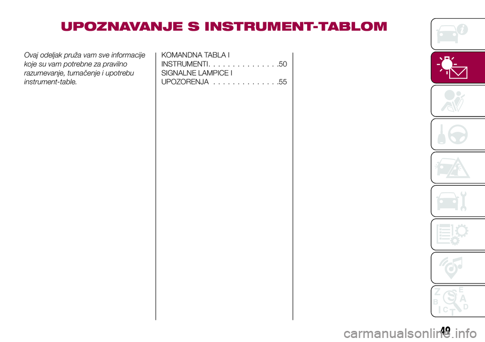 FIAT 124 SPIDER 2018 Knjižica za upotrebu i održavanje (in Serbian) UPOZNAVANJE S INSTRUMENT-TABLOM
Ovaj odeljak pruža vam sve informacije
koje su vam potrebne za pravilno
razumevanje, tumačenje i upotrebu
instrument-table.KOMANDNA TABLA I
INSTRUMENTI............... FIAT 124 SPIDER 2018 Knjižica za upotrebu i održavanje (in Serbian) UPOZNAVANJE S INSTRUMENT-TABLOM
Ovaj odeljak pruža vam sve informacije
koje su vam potrebne za pravilno
razumevanje, tumačenje i upotrebu
instrument-table.KOMANDNA TABLA I
INSTRUMENTI...............