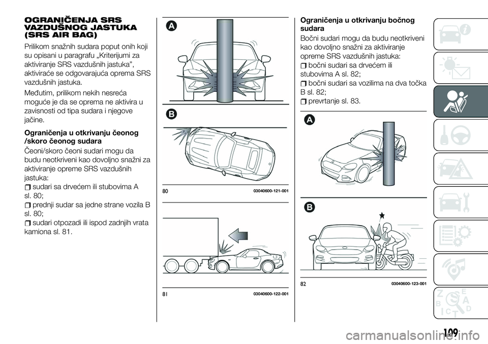 FIAT 124 SPIDER 2021  Knjižica za upotrebu i održavanje (in Serbian) OGRANIČENJA SRS
VAZDUŠNOG JASTUKA
(SRS AIR BAG)
Prilikom snažnih sudara poput onih koji
su opisani u paragrafu „Kriterijumi za
aktiviranje SRS vazdušnih jastuka”,
aktiviraće se odgovarajuća 