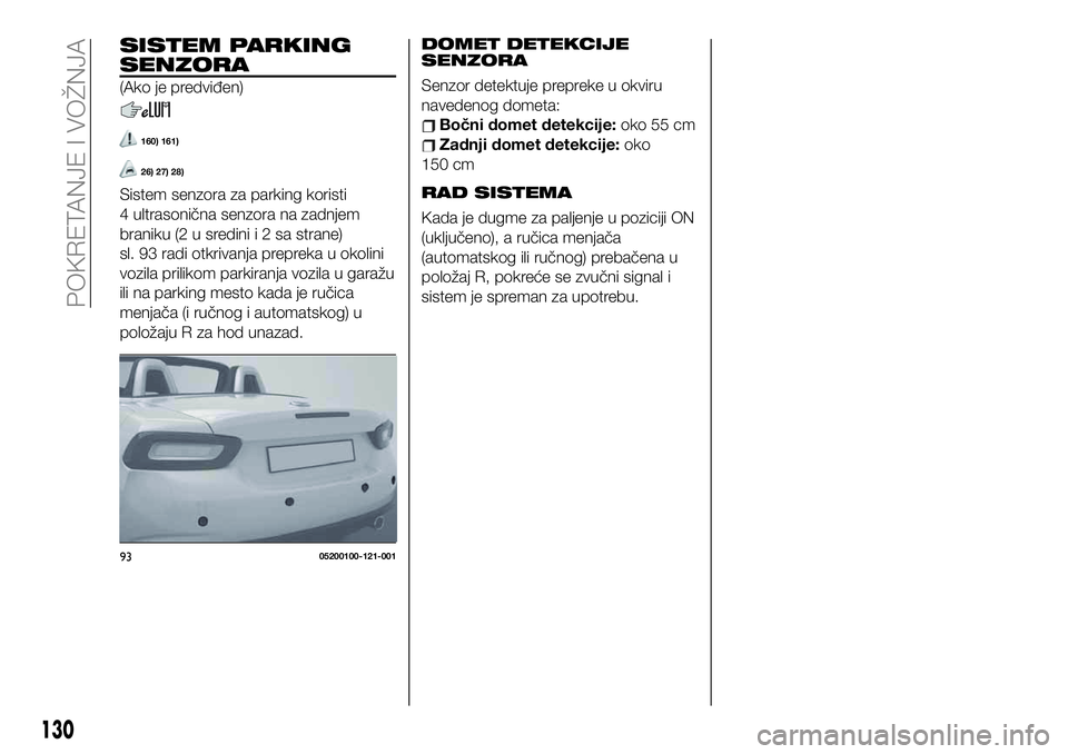 FIAT 124 SPIDER 2020  Knjižica za upotrebu i održavanje (in Serbian) SISTEM PARKING
SENZORA
(Ako je predviđen)
160) 161)
26) 27) 28)
Sistem senzora za parking koristi
4 ultrasonična senzora na zadnjem
braniku (2 u sredinii2sastrane)
sl. 93 radi otkrivanja prepreka u 