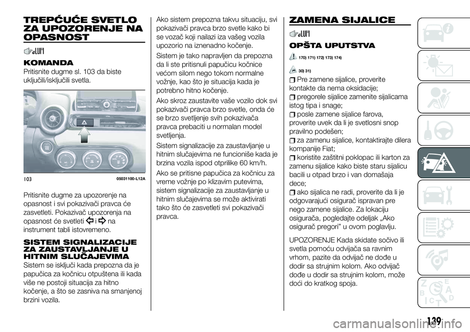FIAT 124 SPIDER 2019  Knjižica za upotrebu i održavanje (in Serbian) TREPĆUĆE SVETLO
ZA UPOZORENJE NA
OPASNOST
KOMANDA
Pritisnite dugme sl. 103 da biste
uključili/isključili svetla.
Pritisnite dugme za upozorenje na
opasnost i svi pokazivači pravca će
zasvetleti.