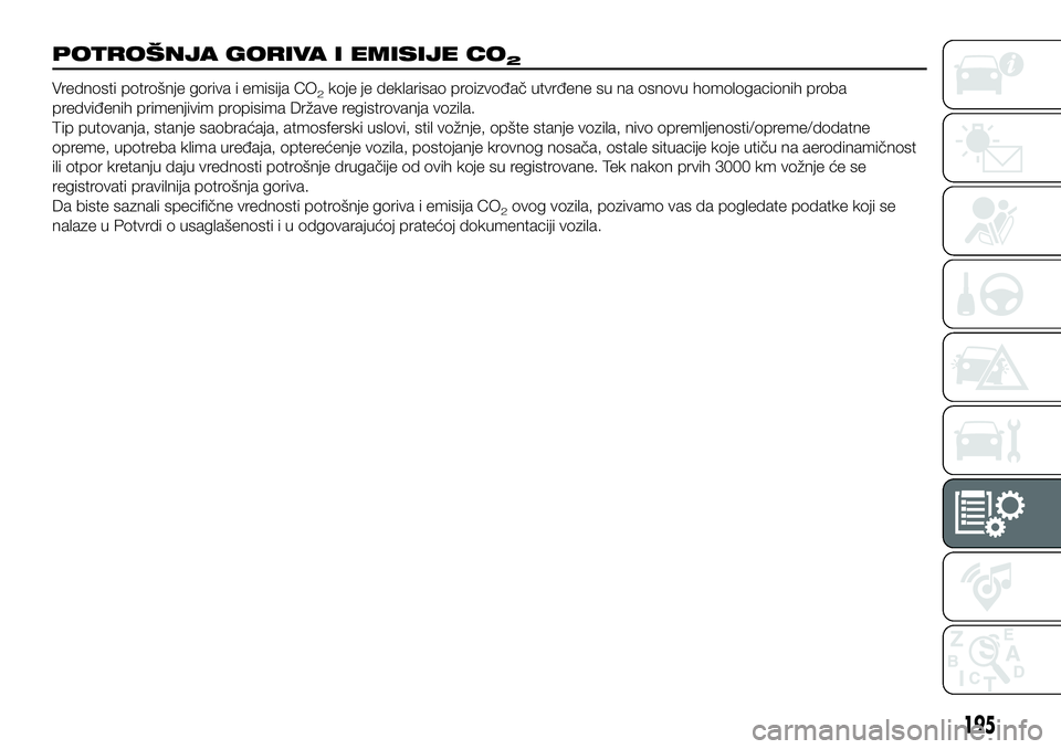 FIAT 124 SPIDER 2021  Knjižica za upotrebu i održavanje (in Serbian) 195
POTROŠNJA GORIVA I EMISIJE CO2
Vrednosti potrošnje goriva i emisija CO2koje je deklarisao proizvođač utvrđene su na osnovu homologacionih proba
predviđenih primenjivim propisima Države regi
