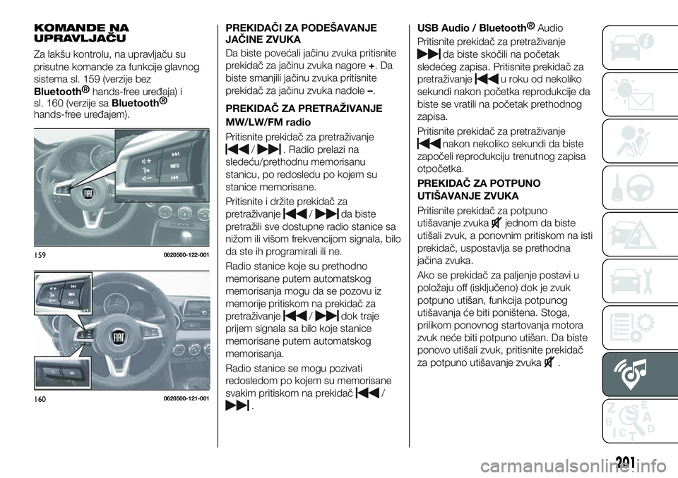 FIAT 124 SPIDER 2021  Knjižica za upotrebu i održavanje (in Serbian) KOMANDE NA
UPRAVLJAČU
Za lakšu kontrolu, na upravljaču su
prisutne komande za funkcije glavnog
sistema sl. 159 (verzije bez
Bluetooth®
hands-free uređaja) i
sl. 160 (verzije sa
Bluetooth®
hands-