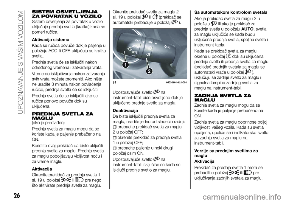 FIAT 124 SPIDER 2021 Knjižica za upotrebu i održavanje (in Serbian) SISTEM OSVETLJENJA
ZA POVRATAK U VOZILO
Sistem osvetljenja za povratak u vozilo
uključuje prednja svetla (kratka) kada se
pomeri ručica.
Aktivacija sistema
Kada se ručica povuče dok je paljenje u
FIAT 124 SPIDER 2021 Knjižica za upotrebu i održavanje (in Serbian) SISTEM OSVETLJENJA
ZA POVRATAK U VOZILO
Sistem osvetljenja za povratak u vozilo
uključuje prednja svetla (kratka) kada se
pomeri ručica.
Aktivacija sistema
Kada se ručica povuče dok je paljenje u