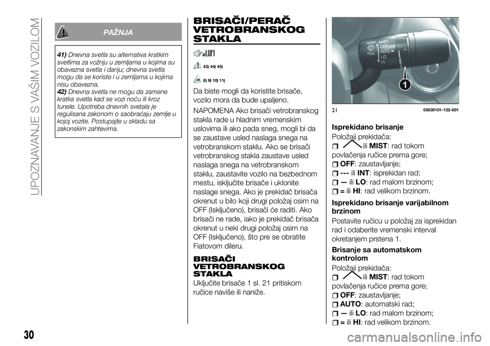 FIAT 124 SPIDER 2019 Knjižica za upotrebu i održavanje (in Serbian) PAŽNJA
41)Dnevna svetla su alternativa kratkim
svetlima za vožnju u zemljama u kojima su
obavezna svetla i danju; dnevna svetla
mogu da se koriste i u zemljama u kojima
nisu obavezna.
42)Dnevna svet FIAT 124 SPIDER 2019 Knjižica za upotrebu i održavanje (in Serbian) PAŽNJA
41)Dnevna svetla su alternativa kratkim
svetlima za vožnju u zemljama u kojima su
obavezna svetla i danju; dnevna svetla
mogu da se koriste i u zemljama u kojima
nisu obavezna.
42)Dnevna svet