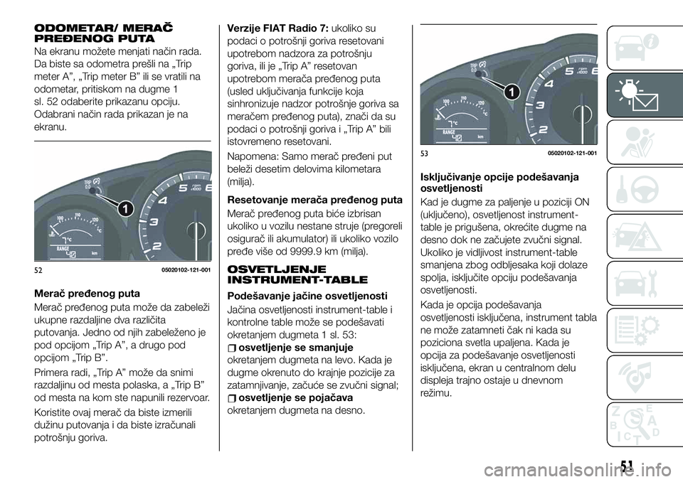 FIAT 124 SPIDER 2021  Knjižica za upotrebu i održavanje (in Serbian) ODOMETAR/ MERAČ
PREĐENOG PUTA
Na ekranu možete menjati način rada.
Da biste sa odometra prešli na „Trip
meter A”, „Trip meter B” ili se vratili na
odometar, pritiskom na dugme 1
sl. 52 od
