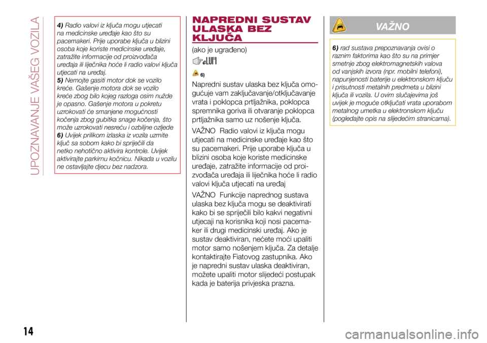FIAT 124 SPIDER 2020  Knjižica s uputama za uporabu i održavanje (in Croatian) 4) Radio valovi iz ključa mogu utjecati 
na medicinske uređaje kao što su 
pacemakeri. Prije uporabe ključa u blizini 
osoba koje koriste medicinske uređaje, 
zatražite informacije od proizvođa