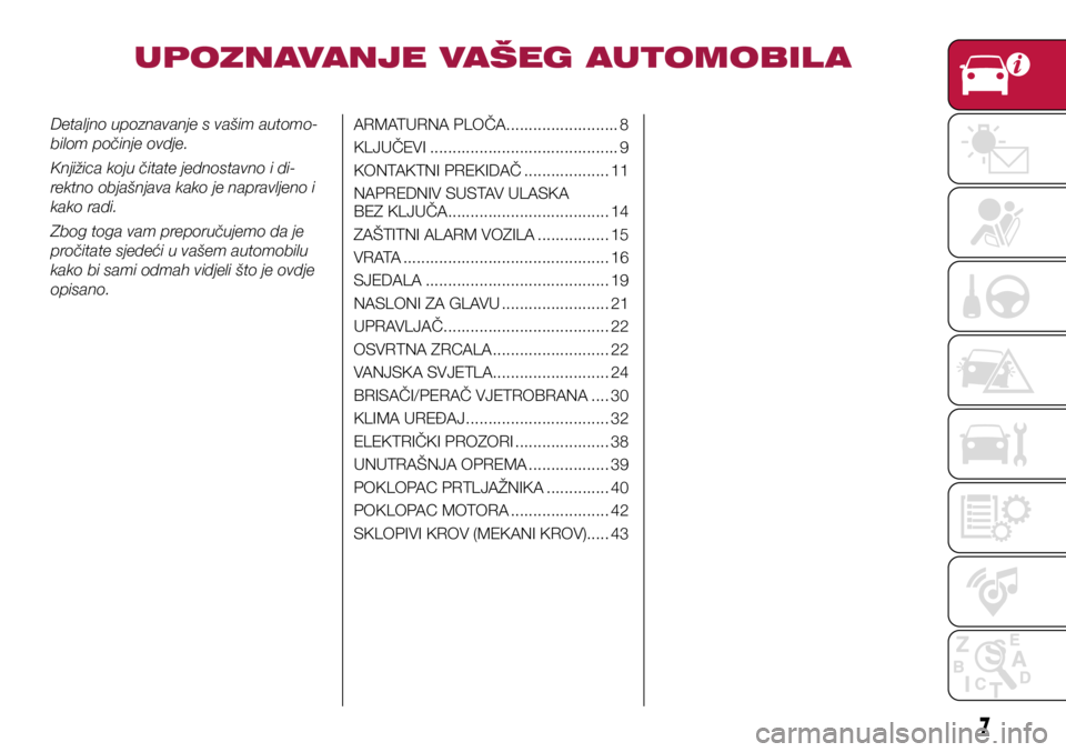 FIAT 124 SPIDER 2018  Knjižica s uputama za uporabu i održavanje (in Croatian) UPOZNAVANJE VAŠEG AUTOMOBIL A
Detaljno upoznavanje s vašim automo-
bilom počinje ovdje.
Knjižica koju čitate jednostavno i di-
rektno objašnjava kako je napravljeno i 
kako radi.
Zbog toga vam p